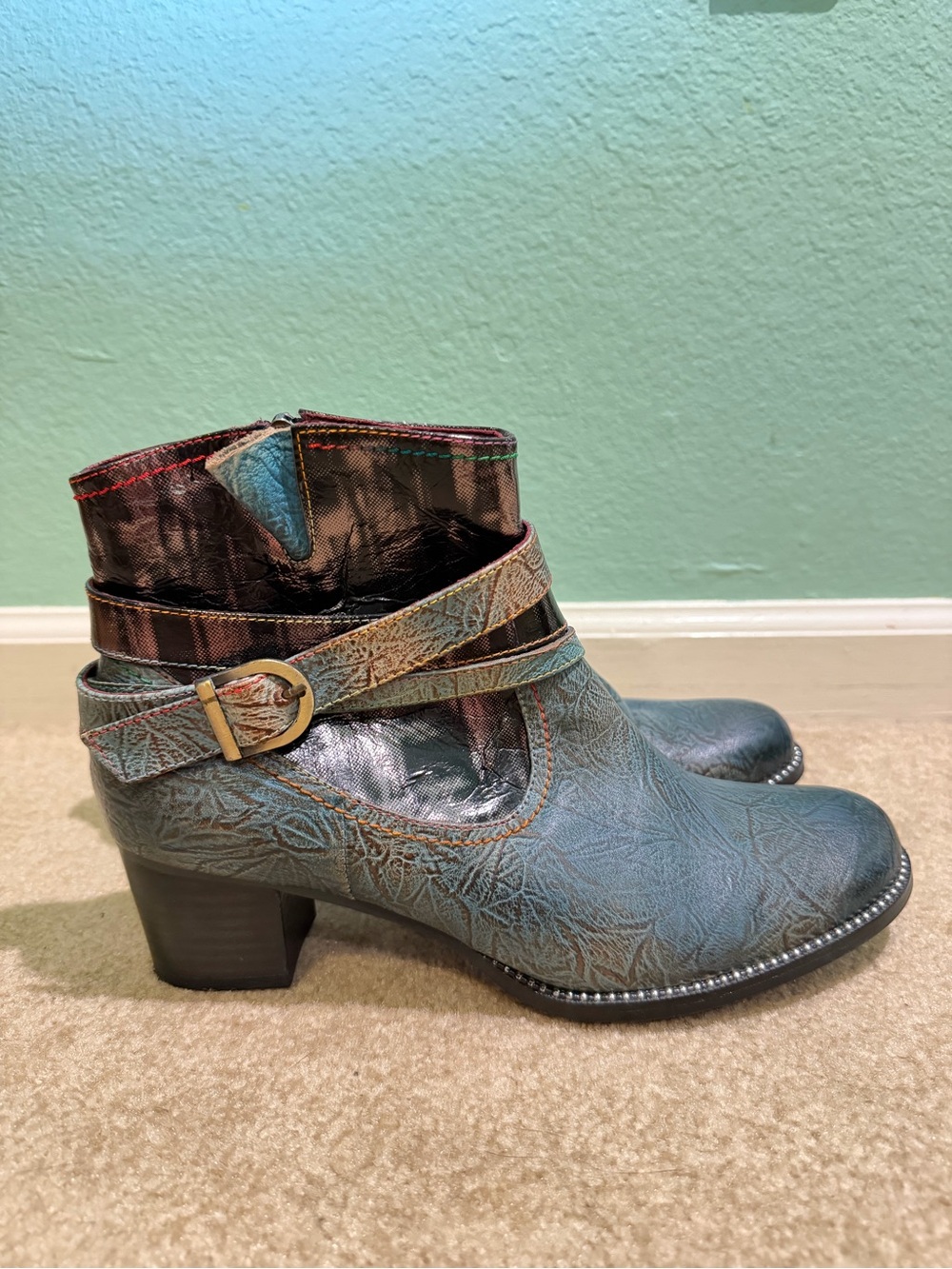 Spring Step L’Artiste Biamsha Shine Blue Leather Ankle Boots EU 43
